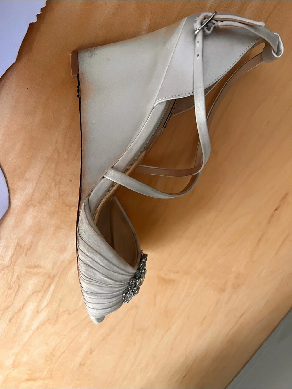 Badgley Mischka White Satin Crystal-Embellished Wedge Sandals